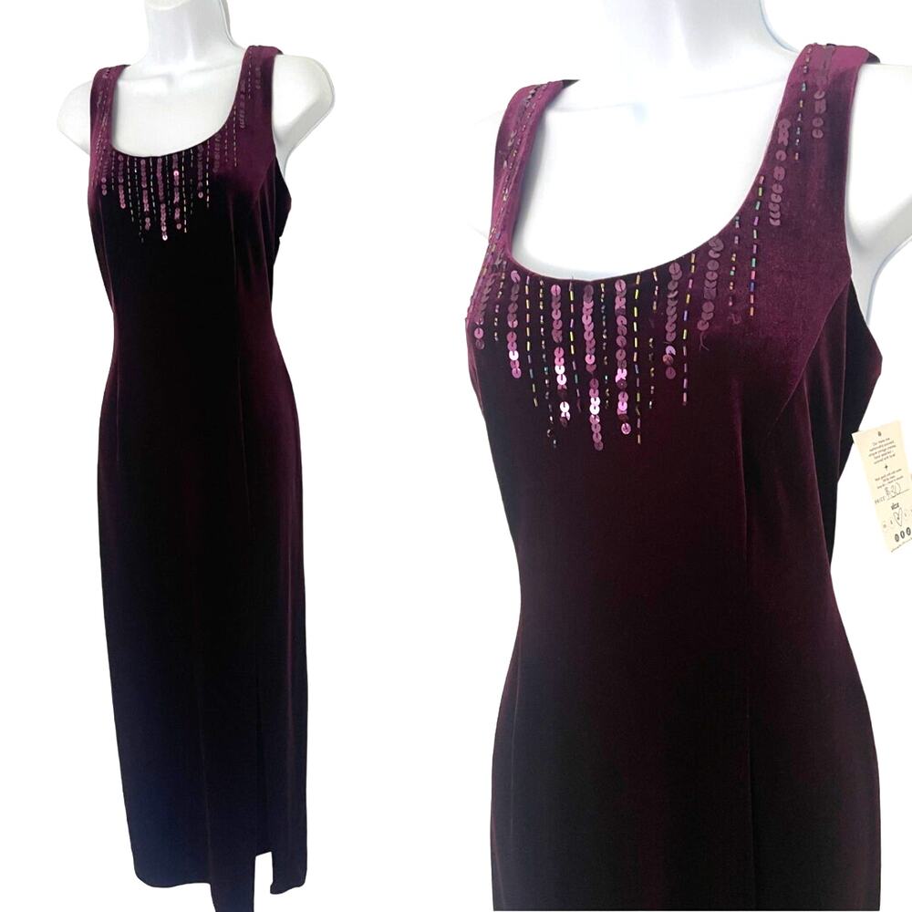 90s Y2K Velvet Purple Sequin Beaded Dress | MEDIUM